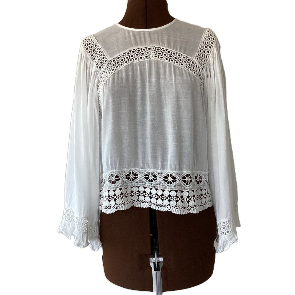 White Lace Trimmed Top with long Butterfly Sleeves